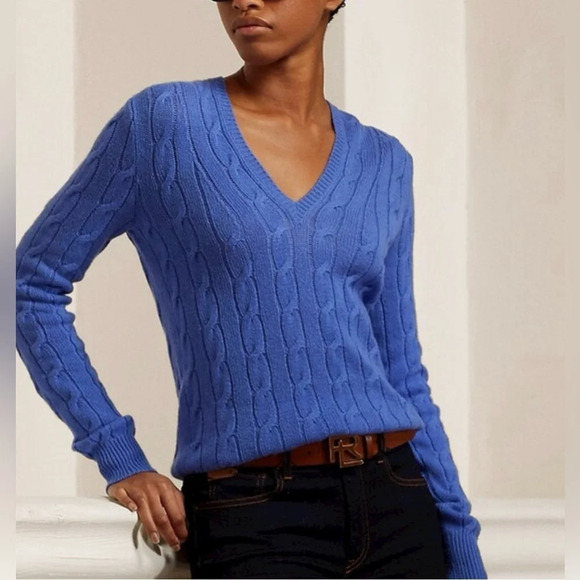 Ralph Lauren Women’s Periwinkle Blue Cable Knit V-Neck 100% Cotton Sweater XL - Picture 9 of 15